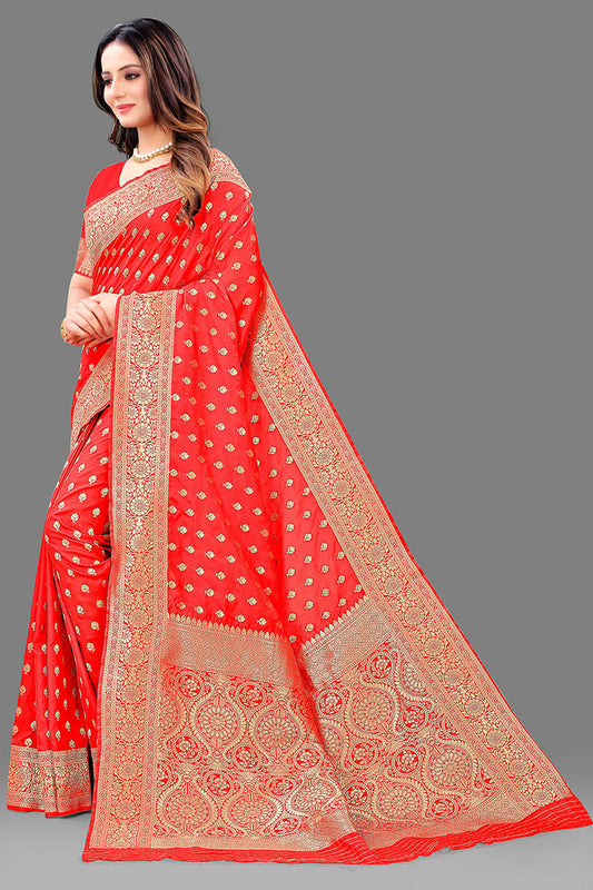 Sensational Red Soft Banarasi Silk Saree With Lovely Blouse Piece