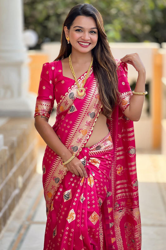 Sempiternal Dark Pink Soft Banarasi Silk Saree With Dissemble Blouse Piece