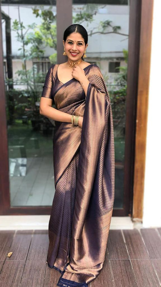 Nevy Blue Soft Silk Saree With Demure Blouse Piece