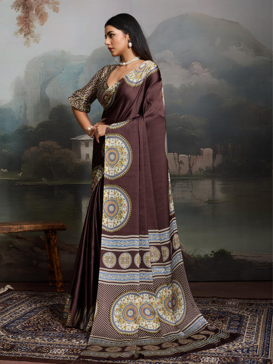 Brunette Brown Ajrakh Printed Satin Crepe Silk Saree