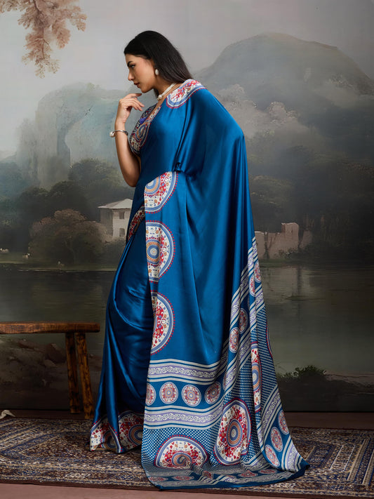 Midnight Blue Ajrakh Printed Satin Crepe Silk Saree