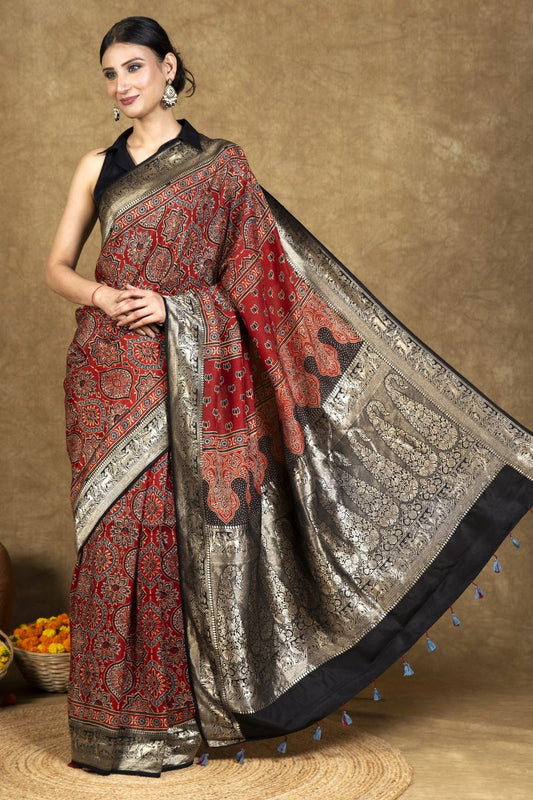 Crimson String Dola Silk Ajrakh Saree