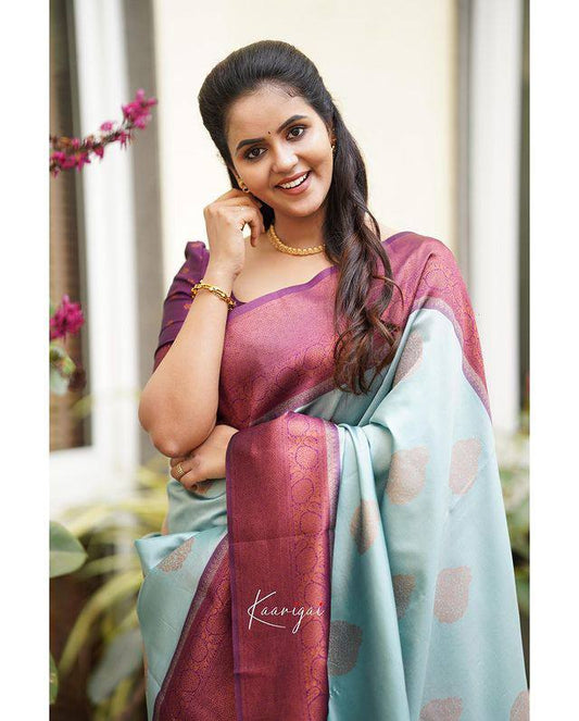 Sky Blue Soft Silk Saree With Demure Blouse Piece