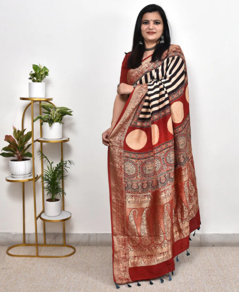 AJRAKH DOLA SILK SAREE WITH NAKSHI ZARI PALLU