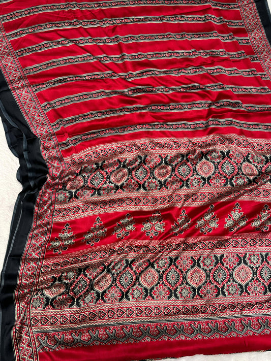 Black And Maroon Ajrakh Printed Soft Modal Silk Natural Print Saree