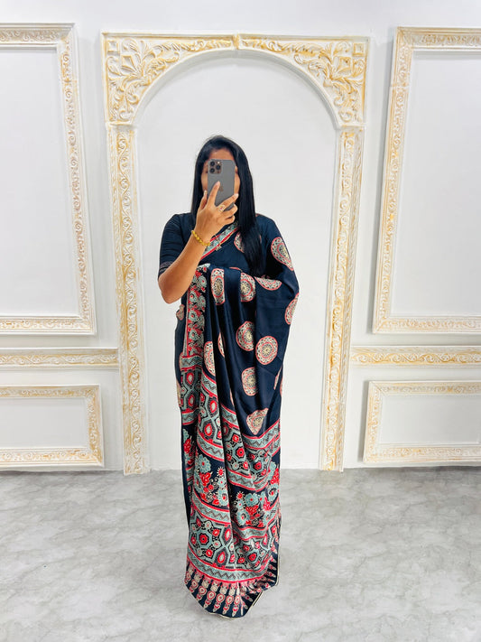 Ajrakh Printed Semi Gaji Silk Saree With Ajrakh Blouse