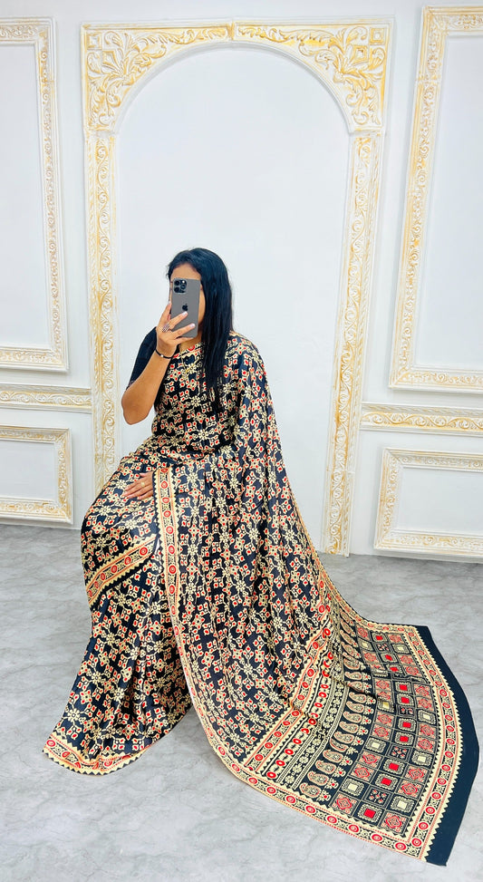 Black Ajrakh Primum Modal Silk Saree With Blouse