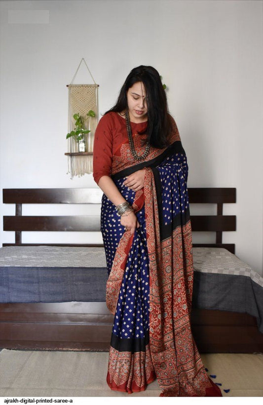 Ajrakh Primum Modal Silk Saree With Blouse