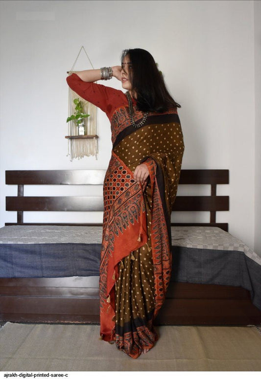 Ajrakh Primum Modal Silk Saree With Blouse