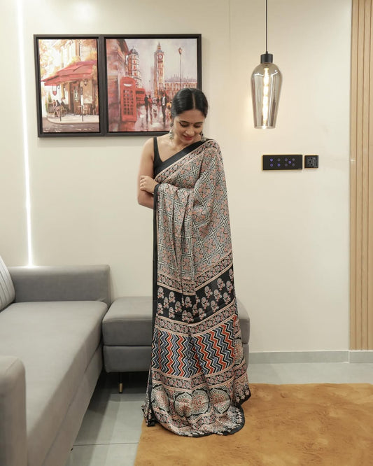 Black Line Ajrakh Primum Modal Silk Saree With Blouse