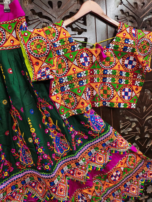 Dark Green Pure Reyon Cotton Kutchi Embroidery Work Fully Stiched Navratri Lehenga Choli
