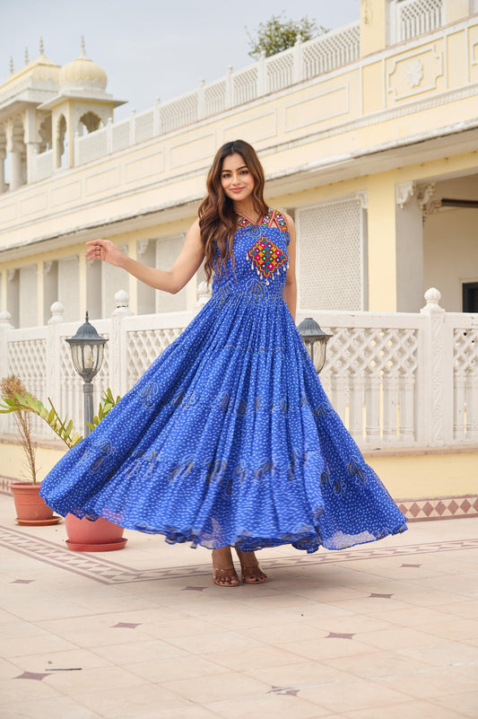 Royal Blue Georgette Gown with Gamathi Work Ideal for Dandiya Celebrations