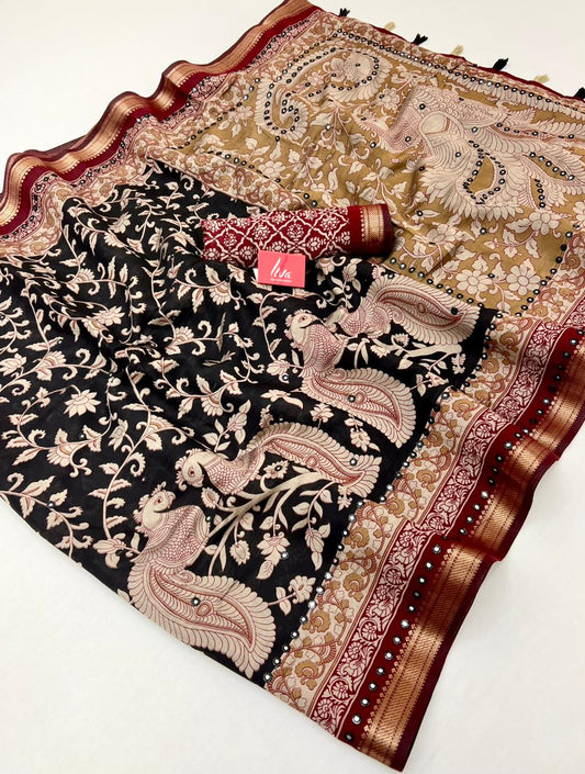 Dusky Black Pure Mal Cotton Silk Saree With Mirror Work