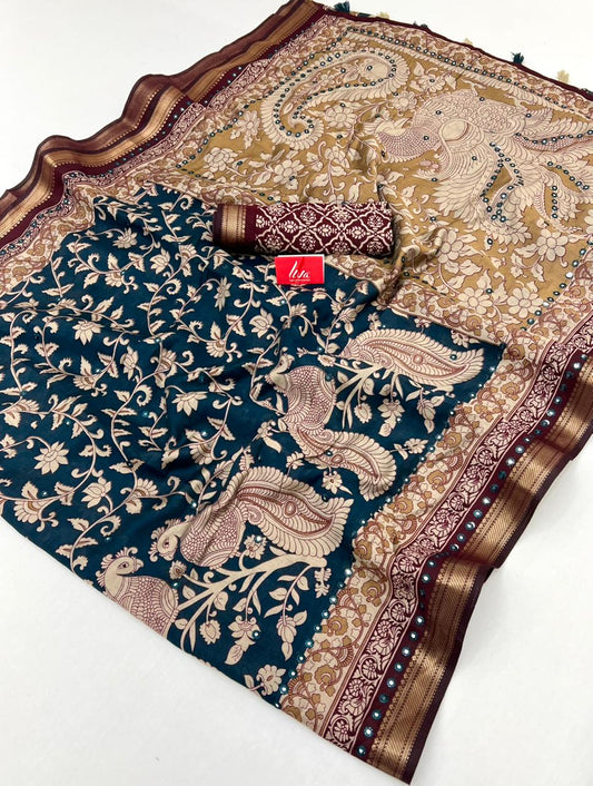 French Blue Pure Mal Cotton Silk Saree With Mirror Work