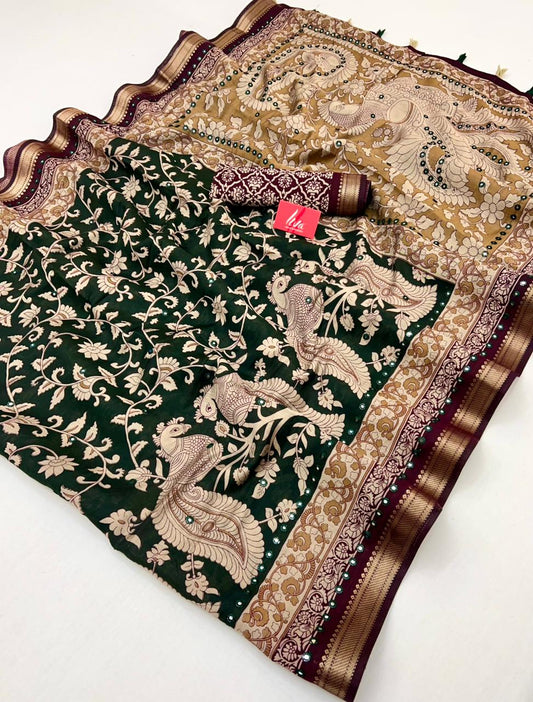 Seaweed Green Pure Mal Cotton Silk Saree With Mirror Work
