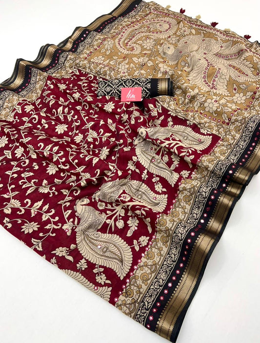Dark Rose Pure Mal Cotton Silk Saree With Mirror Work