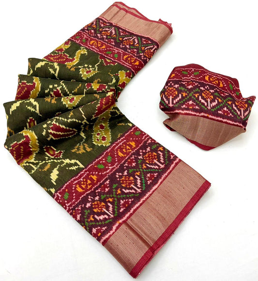 Exceptional Green Chhapa Tusser Silk Bhaglpuri Patola Saree
