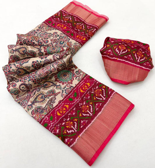 Bollywood Style Cream Chhapa Silk Bhaglpuri Patola Saree