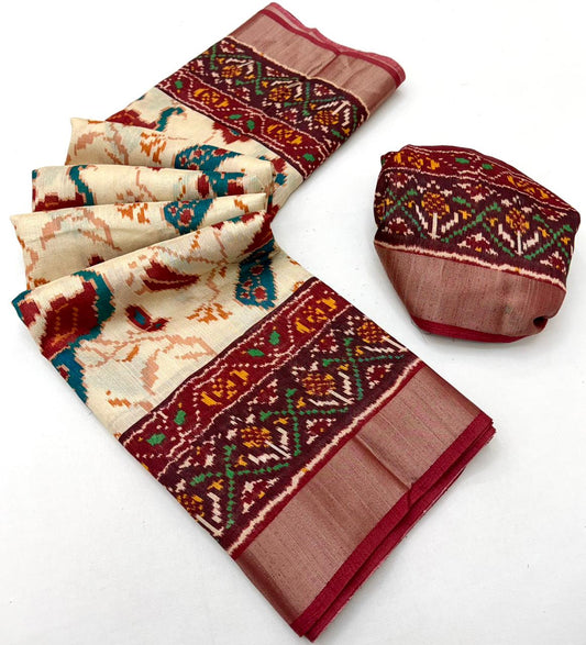 Adorable Cream Chhapa Silk Bhaglpuri Patola Saree
