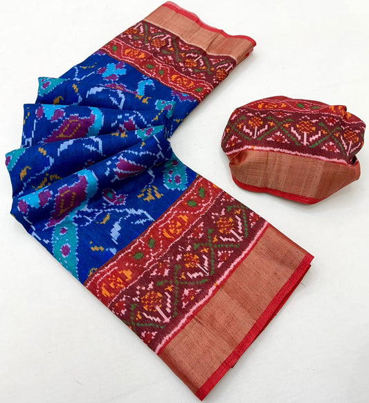 Classic Blue Chhapa Tusser Silk Bhaglpuri Patola Saree