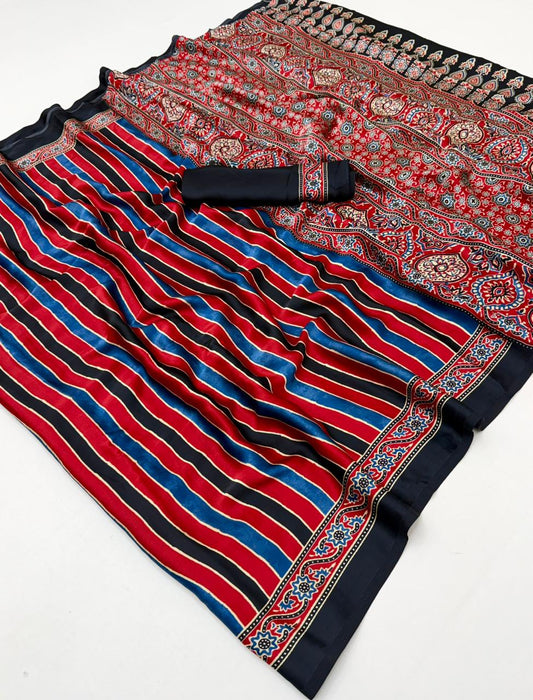 Multi Black Striped Ajrakh Hand-Printed Modal Silk Saree