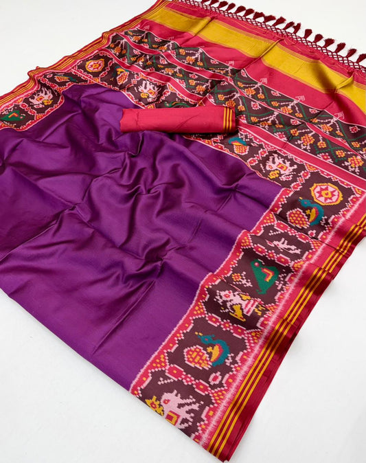 Unequalled Wine Handloom Patola Soft Silk Saree With Blouse