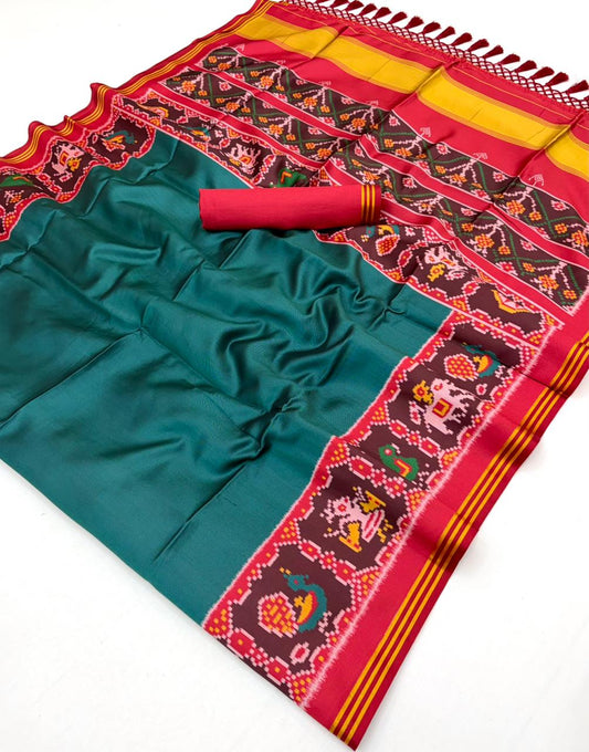Dark Rama Handloom Patola Soft Silk Saree With Blouse