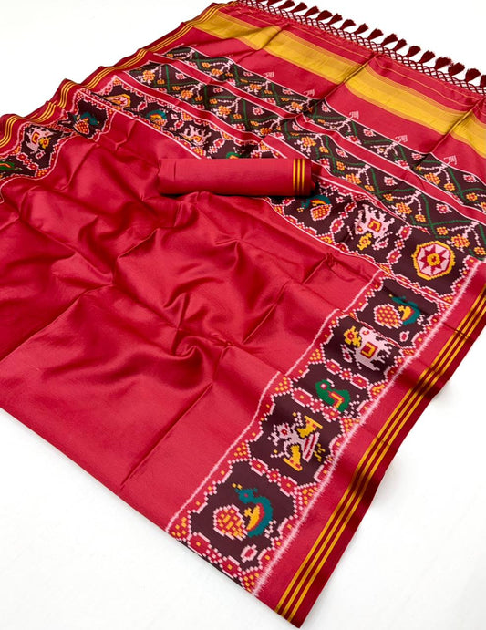 Redis Maroon Handloom Patola Soft Silk Saree With Blouse