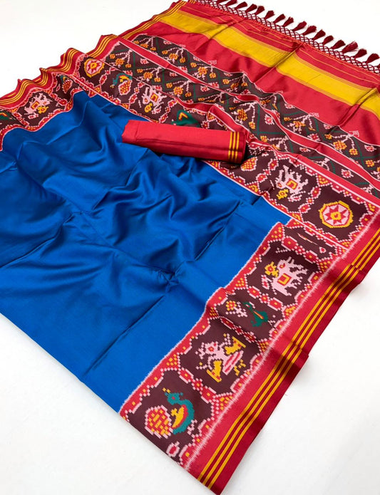Royal Blue Handloom Patola Soft Silk Saree With Blouse