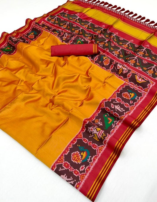 Lustrous Mustard Handloom Patola Soft Silk Saree With Blouse