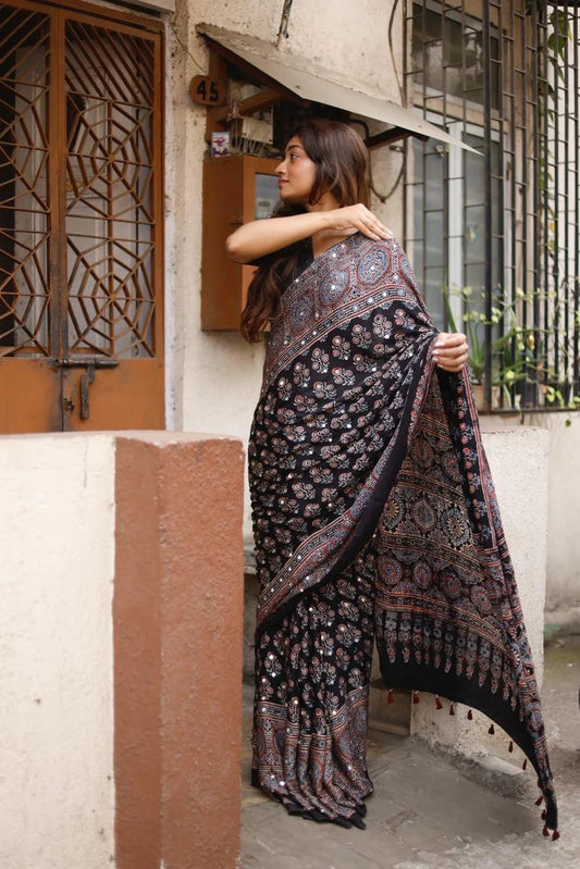 Black Ajrakh Real Mirror Modal Silk Saree With Blouse