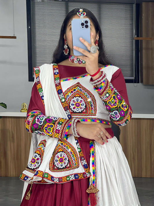 Maroon & White Traditional Gamthi Work Navratri Lehenga – Real Mirror Work with Layer Patta Border