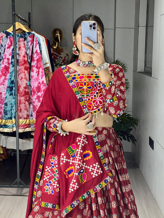 Maroon Azarakh Print Navratri Lehenga – Pure Rayon Cotton with Real Mirror Work & Designer Border