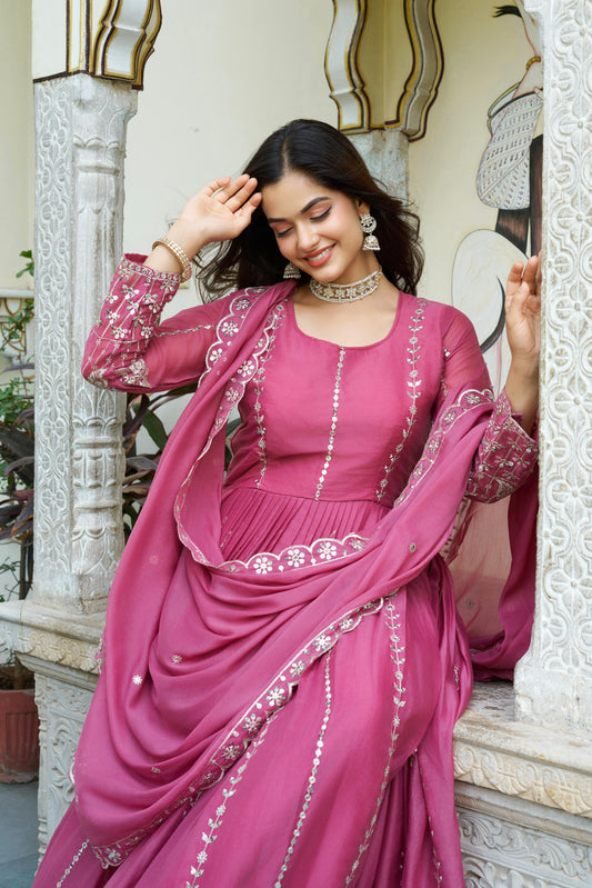 Pink Star Georgette Designer Gown with Dupatta
