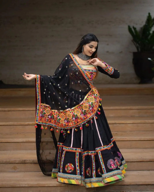 Black Graceful Mirror Work Lehenga Choli with Designer Dupatta for Festive Ethnic Wear for Women