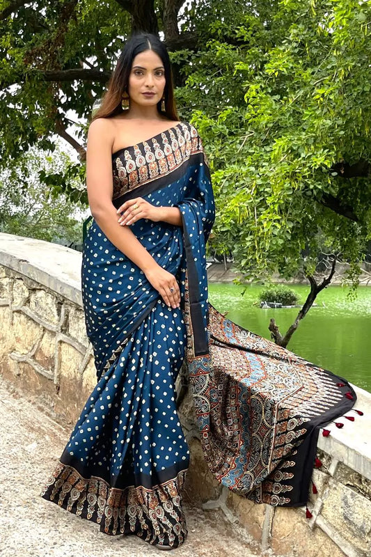 Blue Bandhej Ajrakh Modal Silk Saree