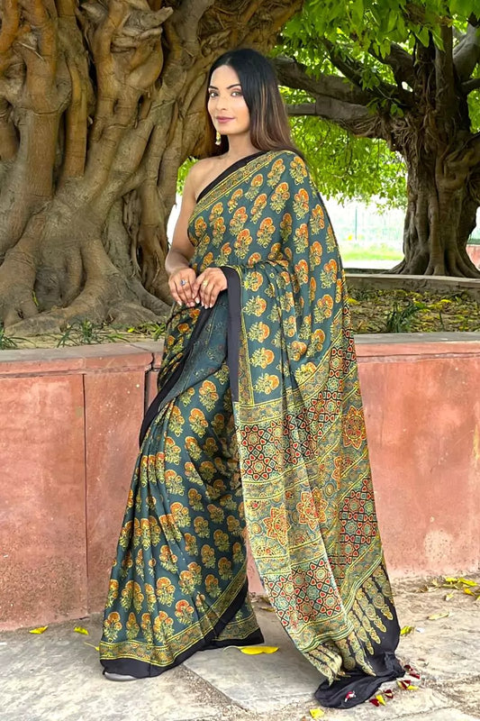 Green Flora Ajrakh Modal Silk Saree