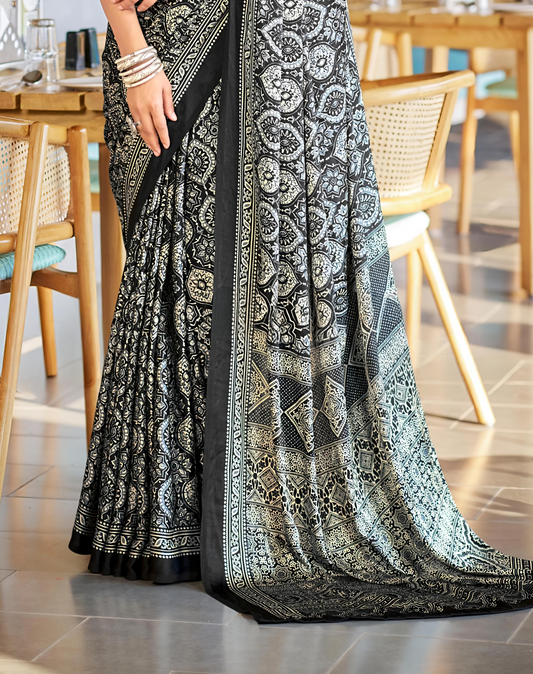 Vibrant Black Ajrakh Printed Soft Modal Silk Natural Print Saree