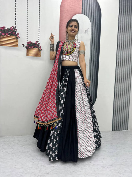 Women's Ethnic Navratri Black And White Lehenga Choli with Embroidered Blouse & Bandhani Dupatta