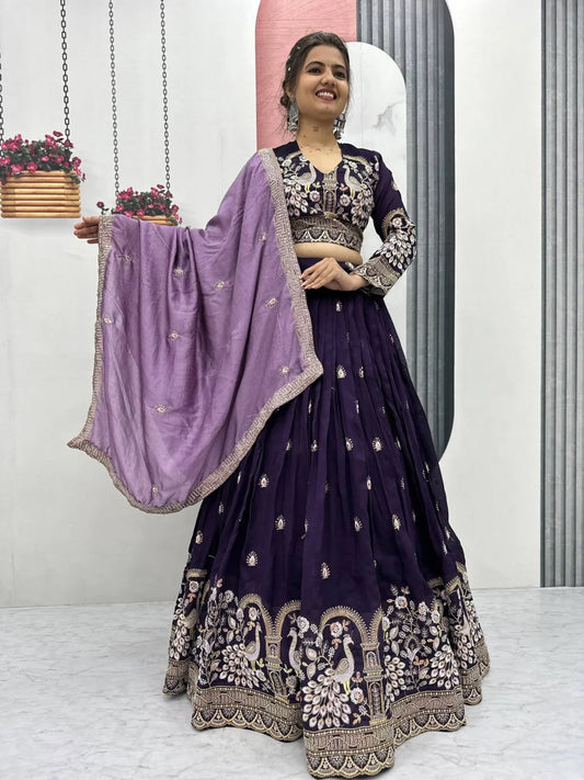 Women's Ethnic Navratri Purple Lehenga Choli with Embroidered Blouse & Bandhani Dupatta