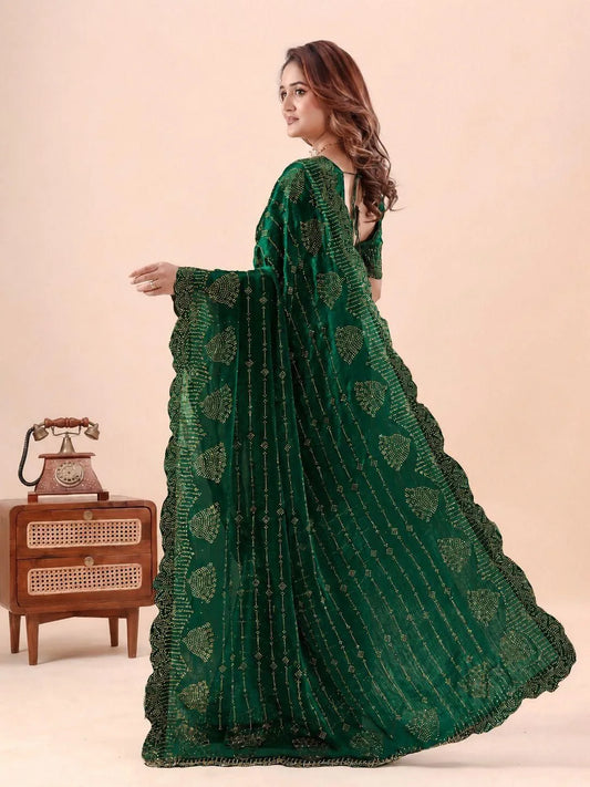 Fancy Zarkan Stone Work Scallop Border Saree for Women