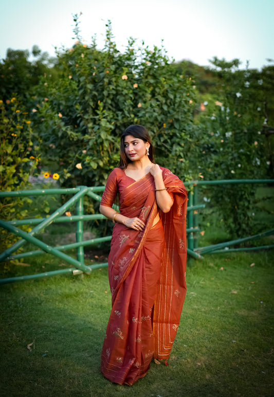 Cider Orange Tussar Silk saree with Running blouse piece