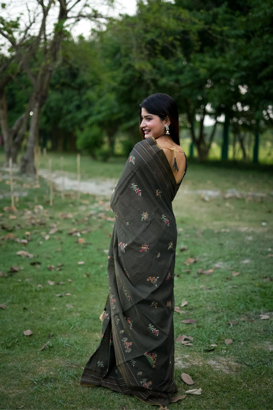 Ink Black Tussar Silk saree with Running blouse piece
