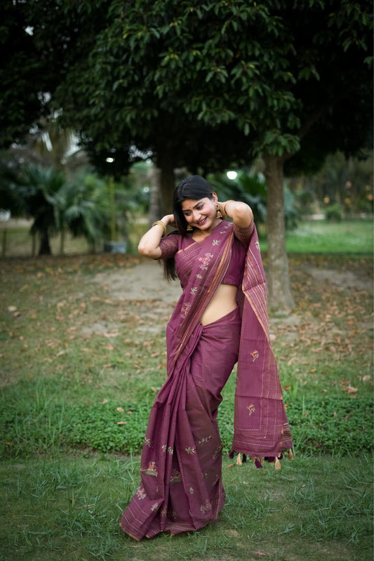 Peony Pink Tussar Silk saree with Running blouse piece
