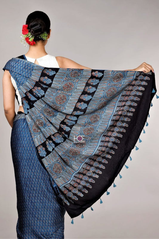 Indigo Buds Ajrakh Modal Silk Saree