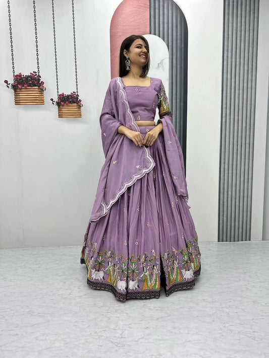 Women's Ethnic Navratri Light Purple Lehenga Choli with Embroidered Blouse & Bandhani Dupatta