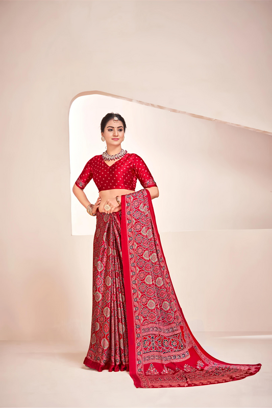 Maroon Ajrakh Printed Soft Modal Silk Natural Print Saree