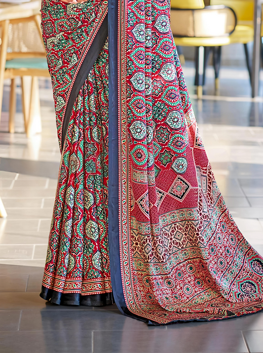 Luxurious Maroon Ajrakh Printed Soft Modal Silk Natural Print Saree