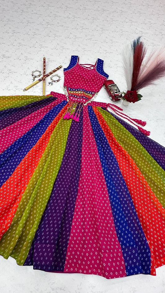 Multicolor Georgette Lehenga Choli with Mirror Work and 6 Meter Flair