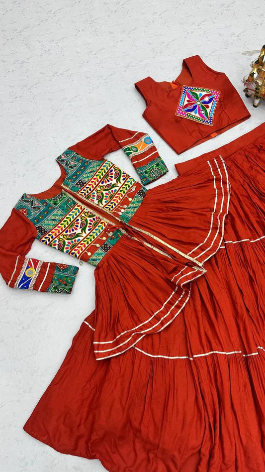 Navratri Special Pure Cotton Koti Chaniya Choli with Gamthi Work and Ribbon Lace Flared Lehenga